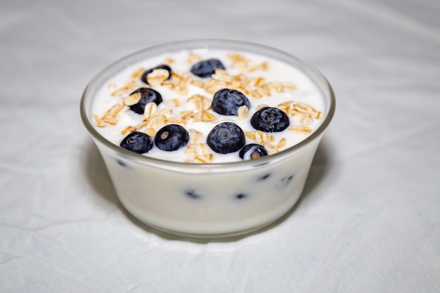 Yogurt naturale con fiocchi d'avena ai frutti di bosco e miele sano probiotico naturale