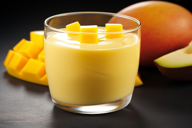 Yogurt o frullato di mango giallo su sfondo grigio