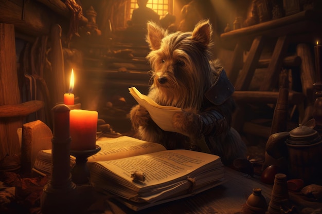 Yorkshire terrier che legge il libro Bellissima illustrazione Generativa AI