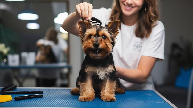 Yorkshire terrier che si sottopone a un intervento al salone di pulizia giovane donna in maglietta bianca che si pettina un po '