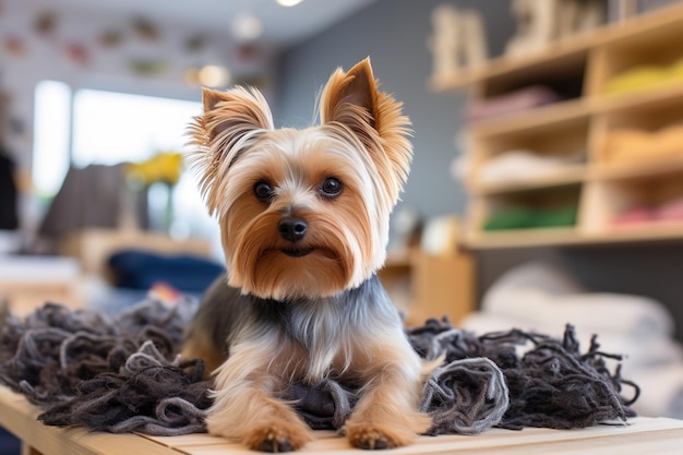 Yorkshire terrier con lana stesa intorno a lui