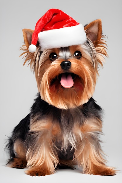 Yorkshire terrier in costume di Babbo Natale su sfondo grigio