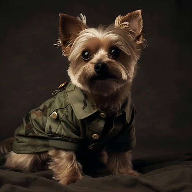 Yorkshire Terrier in una giacca seduta su uno sfondo scuro