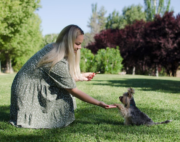 Yorkshire Terrier Ragazza che abbraccia un cane di razza Yorkshire Terrier