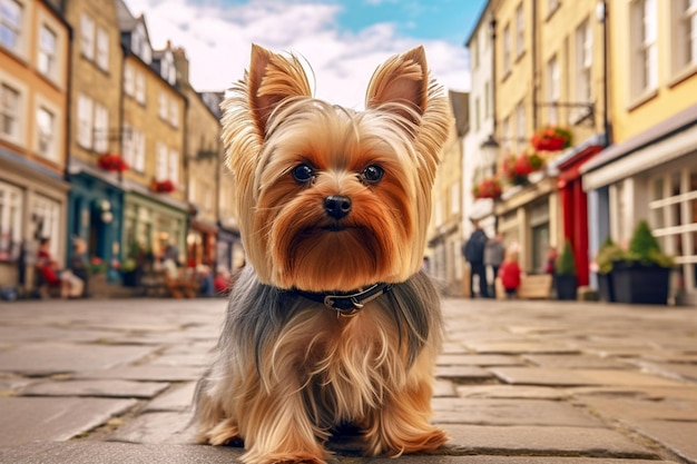 Yorkshire terrier seduto su una strada della città