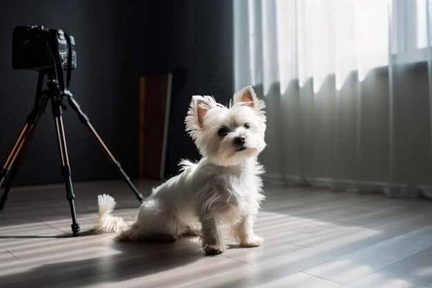 Yorkshire Terrier seduto sul pavimento Piccolo cucciolo di cane maltese seduto a guardare la telecamera