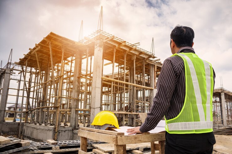Photo young business man professional engineer worker at the house building construction site with blueprint