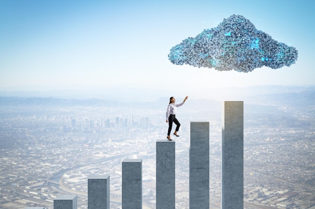Young businesswoman on concrete chart bars under abstract digital cloud with programming language on bright sky background Digital storage financial growth database network and technology concept