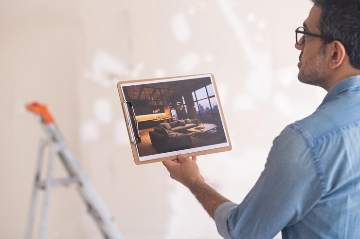 Young man in glasses doing renovation process in new apartment looks at picture