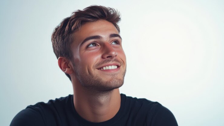Young man smiling while looking upwards against a plain white background