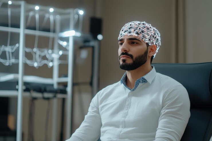 Photo young middleeastern man brainwave monitoring cap modern neuroscience lab