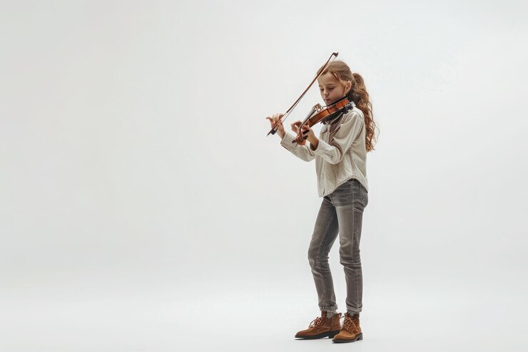 Young musician playing violin indoors with grace