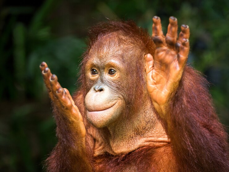 Photo young orangutan clapping delight in the natural environment of the zoo.