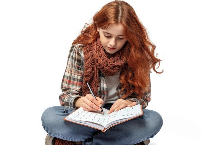 Young woman engaged in creative writing with focus
