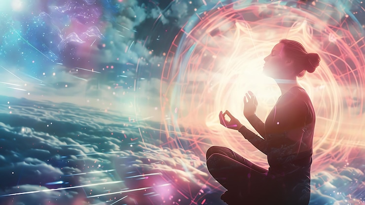 Young woman meditating in a lotus pose with a glowing energy sphere in the background