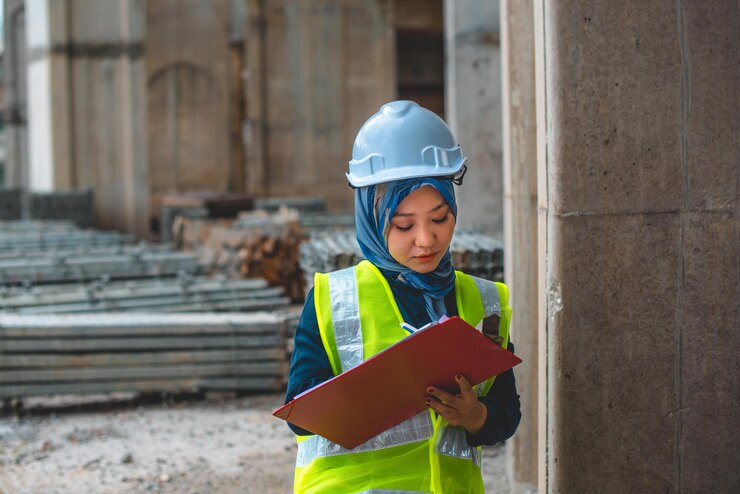 Photo young woman standing at construction site