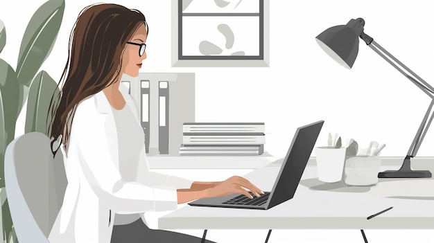 Young woman working at home with laptop Vector illustration in flat style