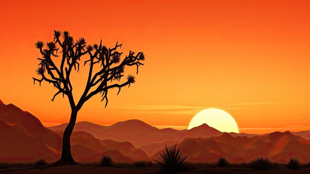 Yucca tree stagliano contro le montagne al tramonto nel parco nazionale di Joshua Tree