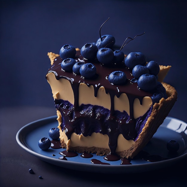 Yummy Cream and Blueberries Pie con Chocolate Springles e fotografia di cibo al caramello gocciolante