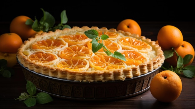 Yummy torta di kumquat con un pezzo affettato su superficie scura