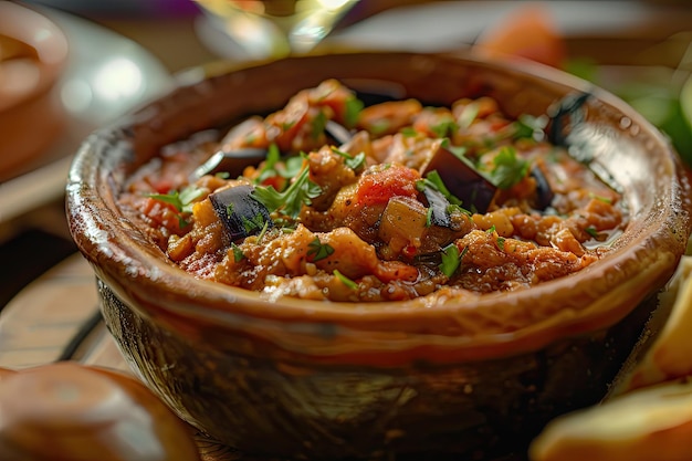 Zaalouk Dip di melanzane marocchino servito con pezzi di melanzana stufati al pane