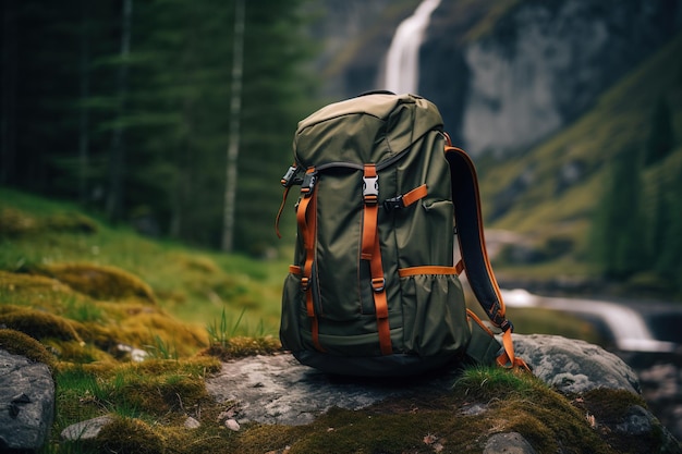 Zaino da escursionismo verde su una pietra nella foresta sullo sfondo di una borsa da viaggio a cascata in natura Concetto di turismo avventura viaggio escursione