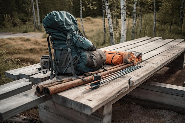 Zaino da trekking con bastoncini da trekking e altre attrezzature essenziali su una panca di legno