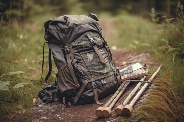 Zaino da trekking con bastoncini da trekking e mappa pronto per l'avventura