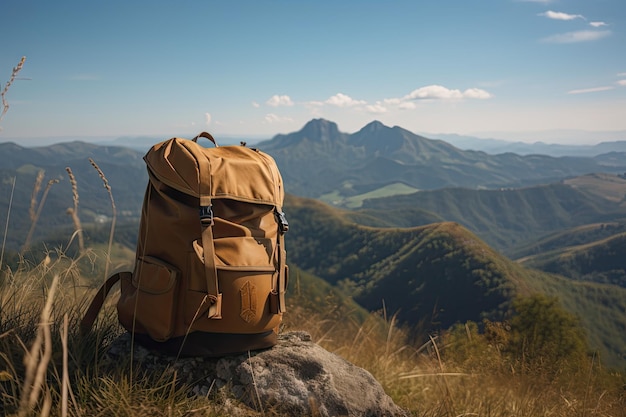 Zaino da trekking con vista sulla catena montuosa e sul cielo blu chiaro