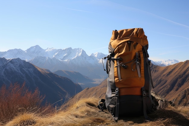 Zaino da trekking con vista sulla catena montuosa e sul cielo blu chiaro