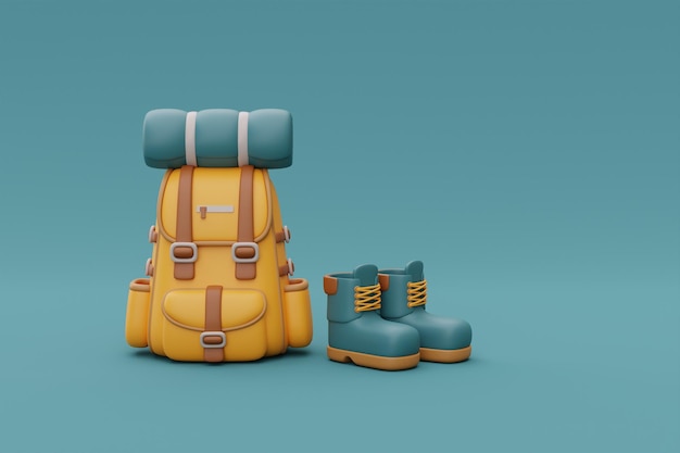 Zaino da viaggio con elementi di scarpe da trekking per attrezzature da campeggio per il rendering 3d di viaggio in campeggio