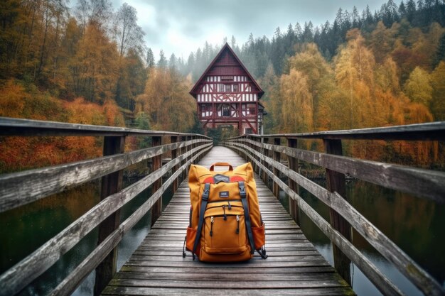 Zaino da viaggio su un ponte di legno su un fiume creato con l'AI generativa