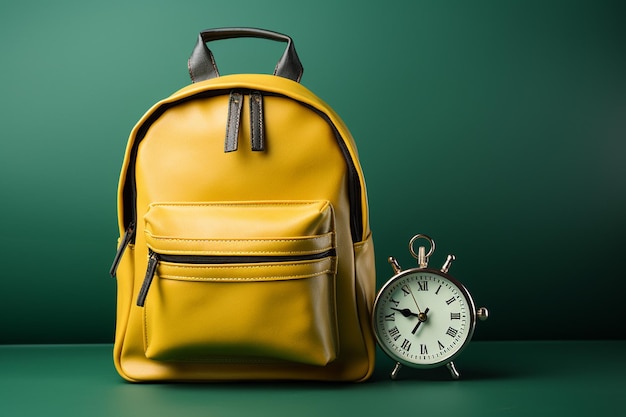 Zaino giallo con sveglia su sfondo verde Concetto di ritorno a scuola