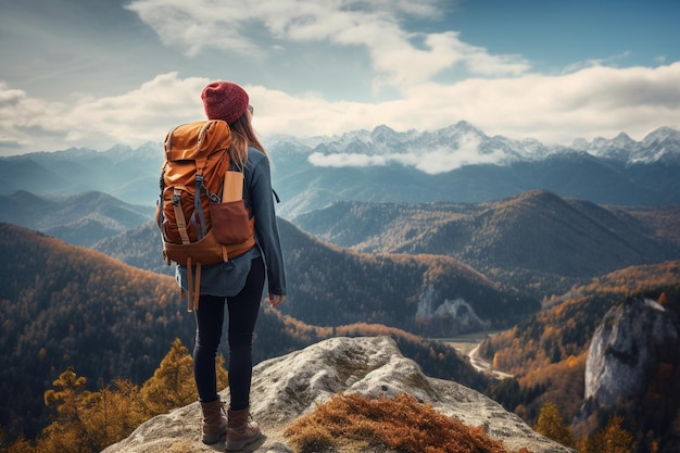 Zaino in spalla femminile che gode della vista sul bordo di una scogliera del picco di montagna