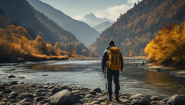 Zaino in spalla generativo AI nel turista dell'uomo del viaggiatore del paesaggio autunnale con lo zaino che fa un'escursione in montagne