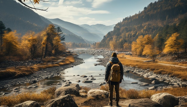 Zaino in spalla generativo AI nel turista dell'uomo del viaggiatore del paesaggio autunnale con lo zaino che fa un'escursione in montagne