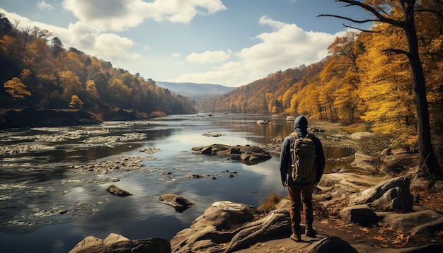 Zaino in spalla generativo AI nel turista dell'uomo del viaggiatore del paesaggio autunnale con lo zaino che fa un'escursione in montagne