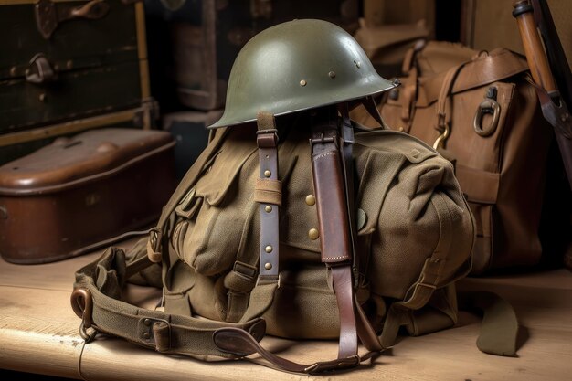 Zaino militare in contesto storico con fucile e casco vecchio stile