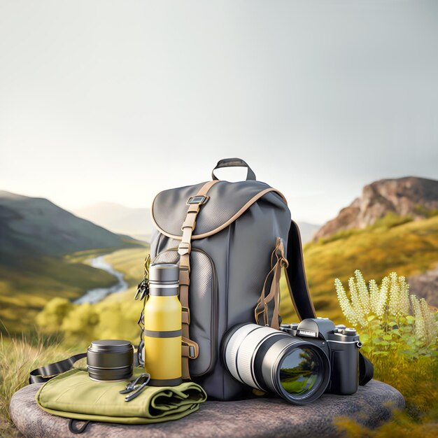 Zaino per dormire stuoia tazza da viaggio e macchina fotografica su sfondo di bellissime montagne