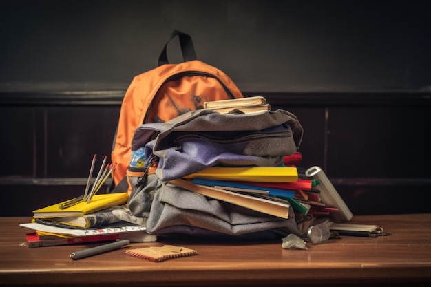 Zaino scolastico pieno di libri, matite e altri elementi essenziali creati con l'IA generativa