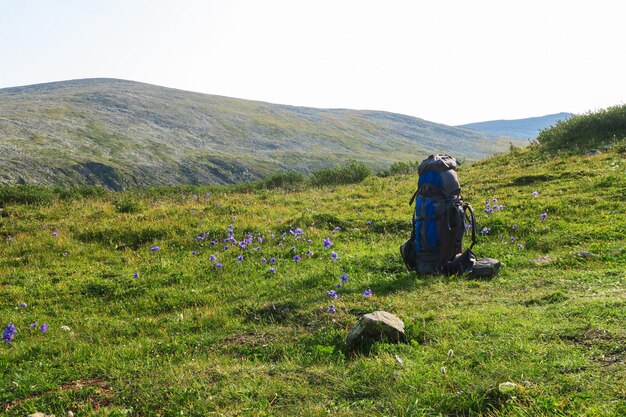 Zaino sul prato di erba con le montagne. Estate escursionismo immagine motivazionale. Spazio per il testo