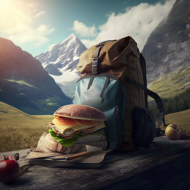 Zaino turistico e sandwich di hamburger sullo sfondo del bellissimo concetto di paesaggio di montagna attivo
