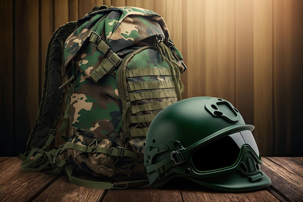 Zaino verde mimetico militare con elmetto e uniforme su sfondo sfocato creato con la a generativa