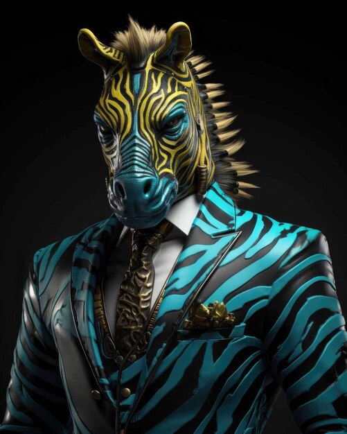 Zebra 3D con un corpo umano dall'aspetto serio che indossa un abito con uno sfondo da studio drammatico