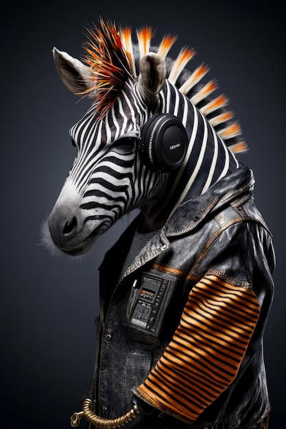 Zebra che indossa cuffie e giacca con motivo arancione e nero IA generativa