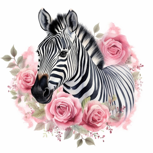 Zebra con fiori e foglie su sfondo bianco con rose rosa generative ai