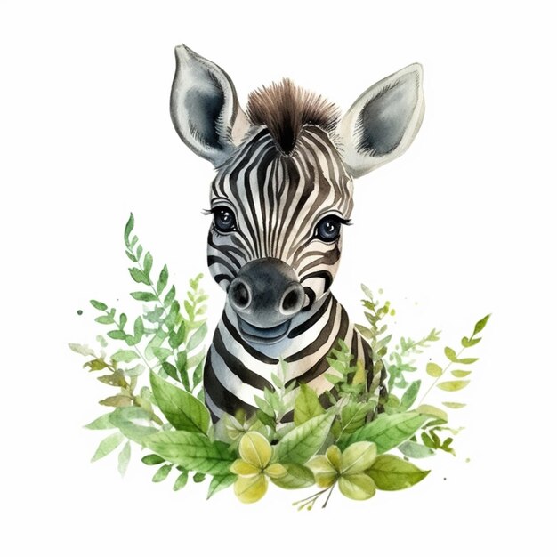 Zebra con foglie verdi e fiori su sfondo bianco ai generativa