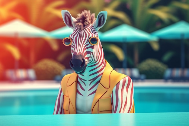 zebra di vibrazioni estive in camicia colorata che riposa a bordo piscina rendering 3d