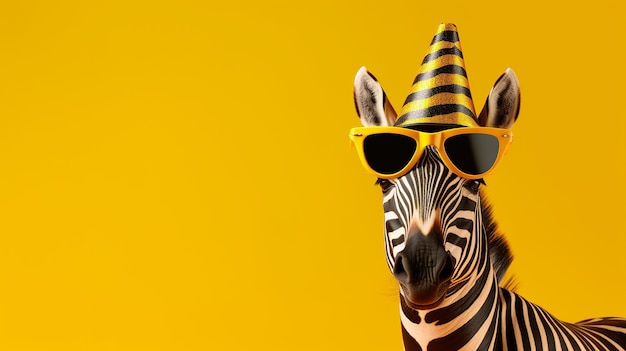 Zebra divertente con cappello da festa e occhiali da sole su sfondo giallo