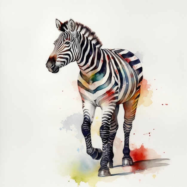 zebra in piedi di fronte a uno sfondo bianco con una vernice colorata splatter generativo ai